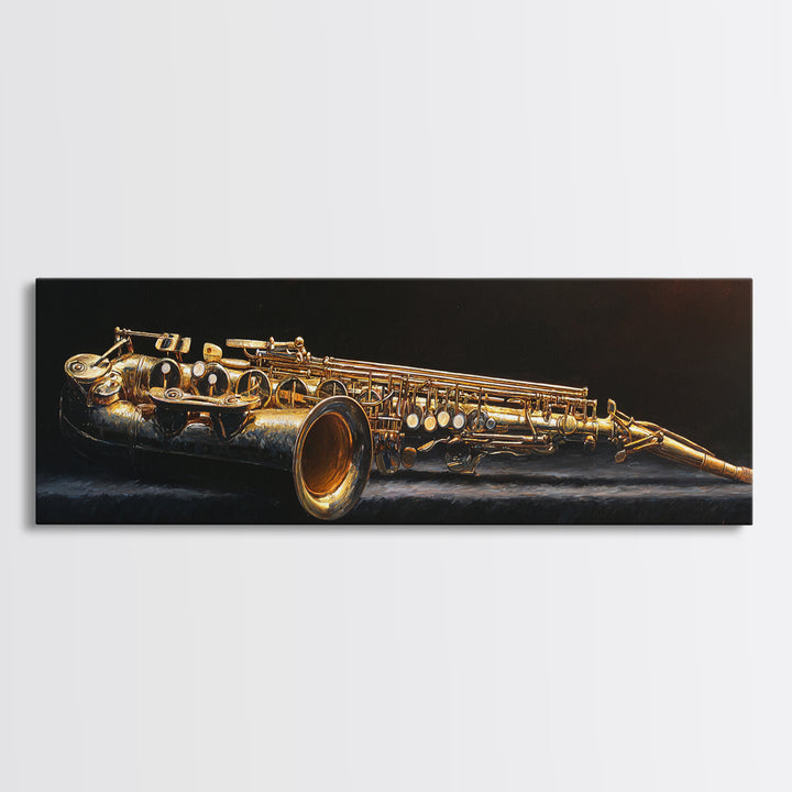 Brass Saxophone on Dark Velvet Canvas Print, Recording Studio Art, Headphones Poster, Studio Decor, Fine Art, Analog, RSA-3x1-8