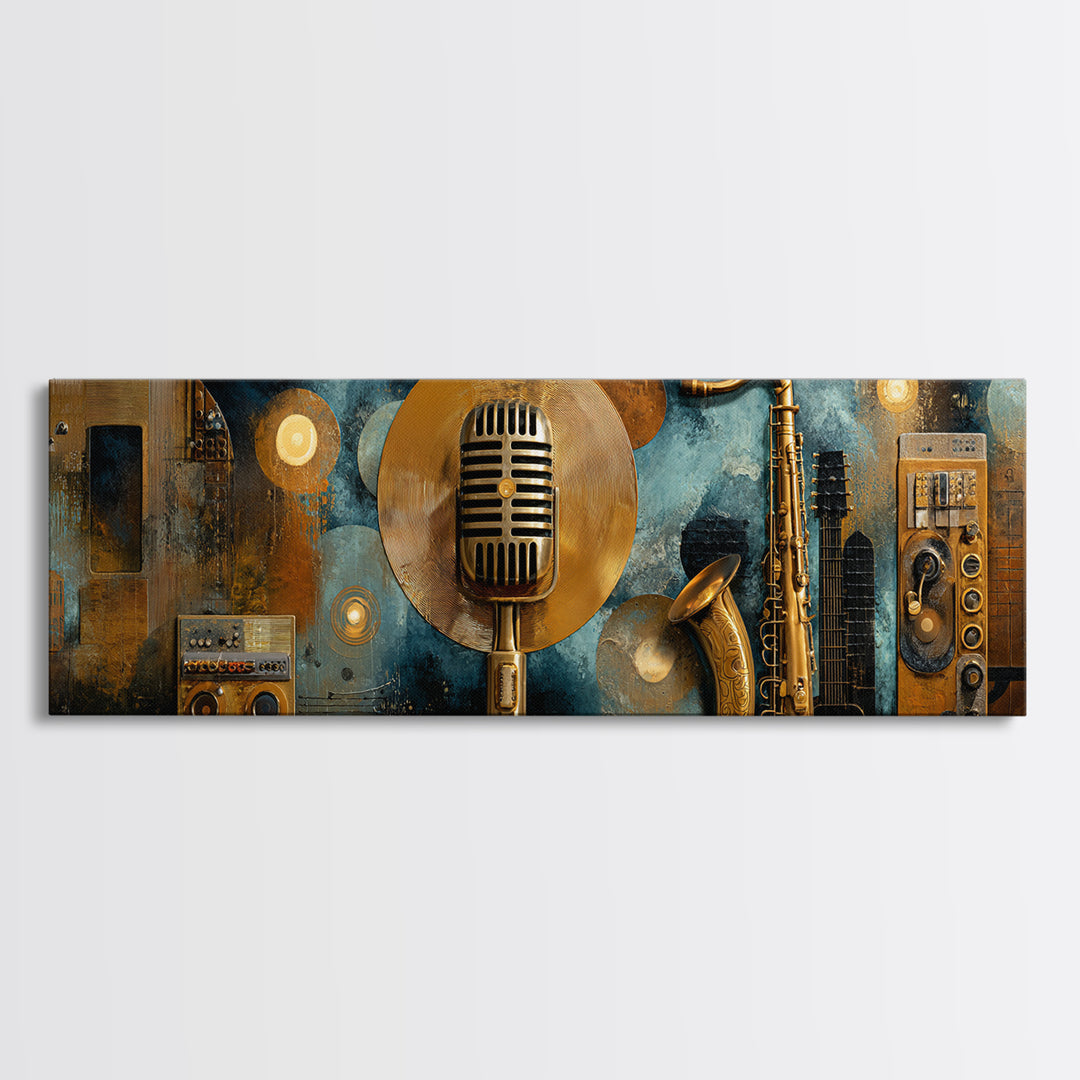 Gold Record Circular Composition Framed Canvas Print, Recording Studio Art, Mid Century Modern, Studio Decor, Fine Art, Analog, RSA-3x1-87