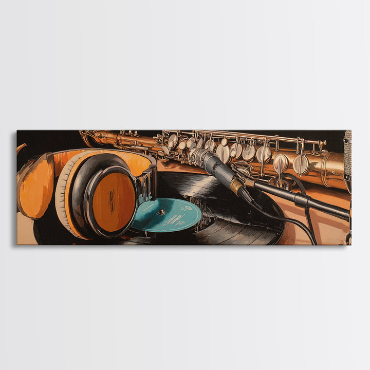 Headphones Resting on a Vinyl Record Canvas Print, Recording Studio Art, Musician Posters, Studio Decor, Fine Art, Analog, RSA-3x1-93