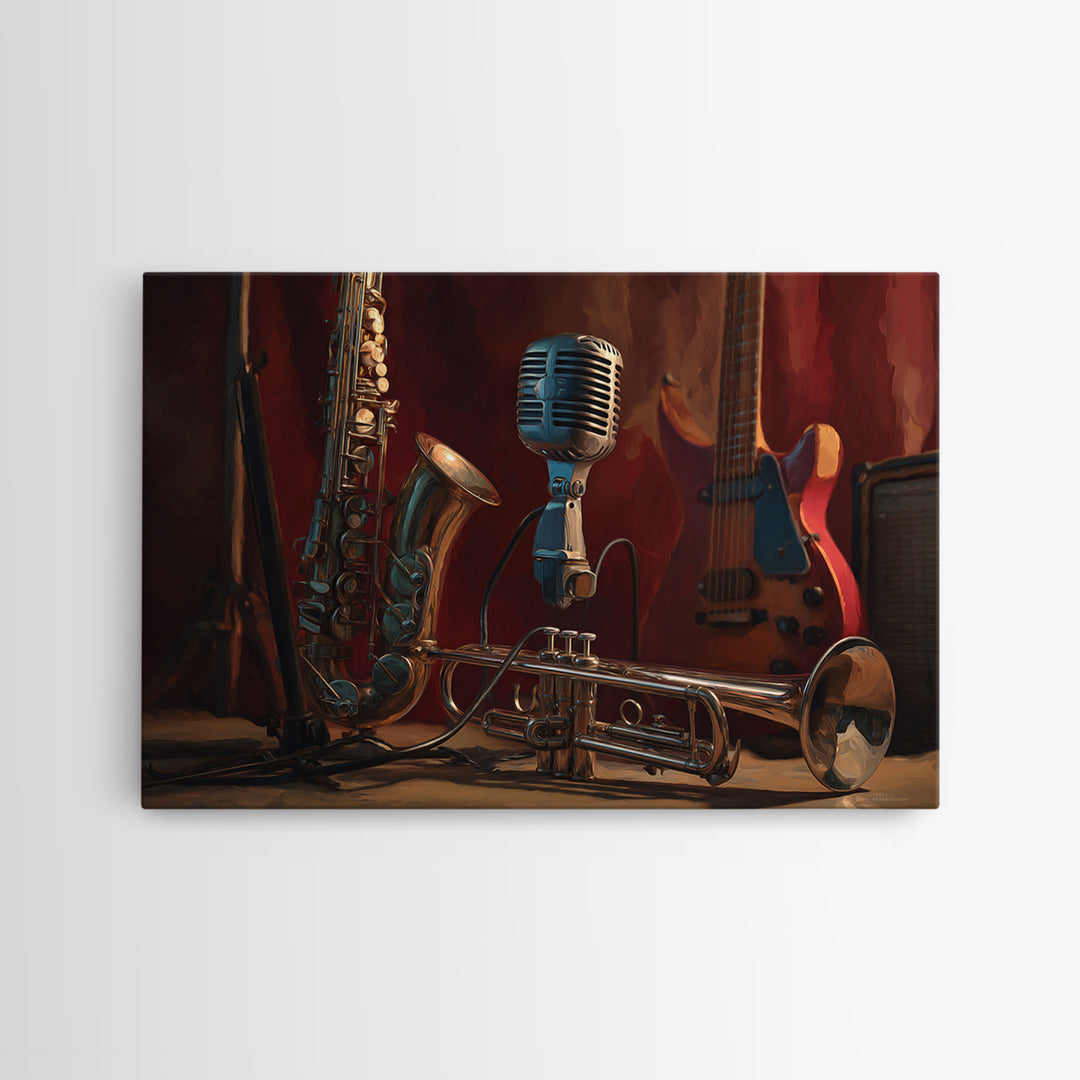 Jazz Trumpet and Microphone Still Life Canvas Print, Recording Studio Art, Music Poster, Studio Decor, Fine Art, Analog, RSA-3x2-11