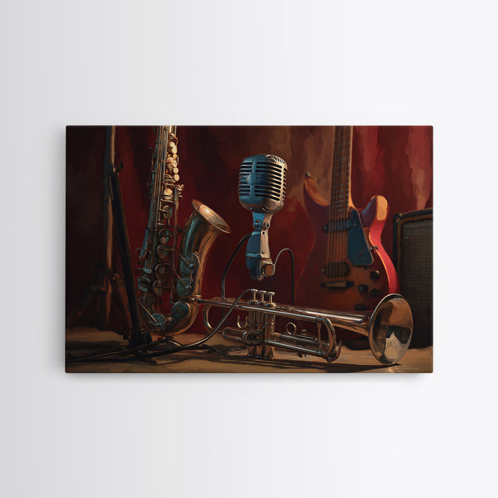 Jazz Trumpet and Microphone Still Life Canvas Print, Recording Studio Art, Music Poster, Studio Decor, Fine Art, Analog, RSA-3x2-11