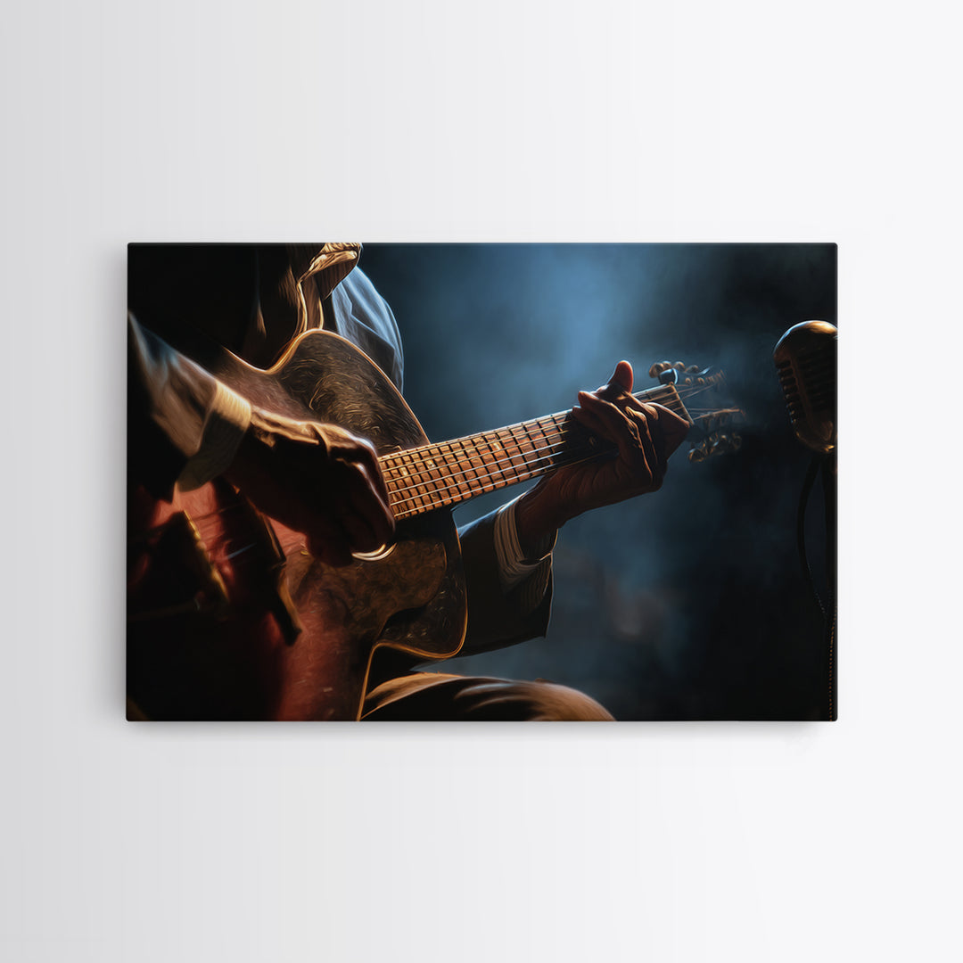 Musician Hands on Guitar Strings Framed Canvas Print, Recording Studio Art, Digital Download Art, Studio Decor, Analog, RSA-3x2-19