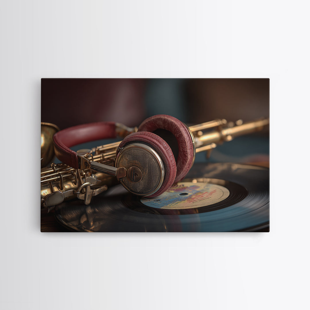 Headphones Resting on a Vinyl Record Canvas Print, Recording Studio Art, Music Posters, Studio Decor, Fine Art, Analog, RSA-3x2-33