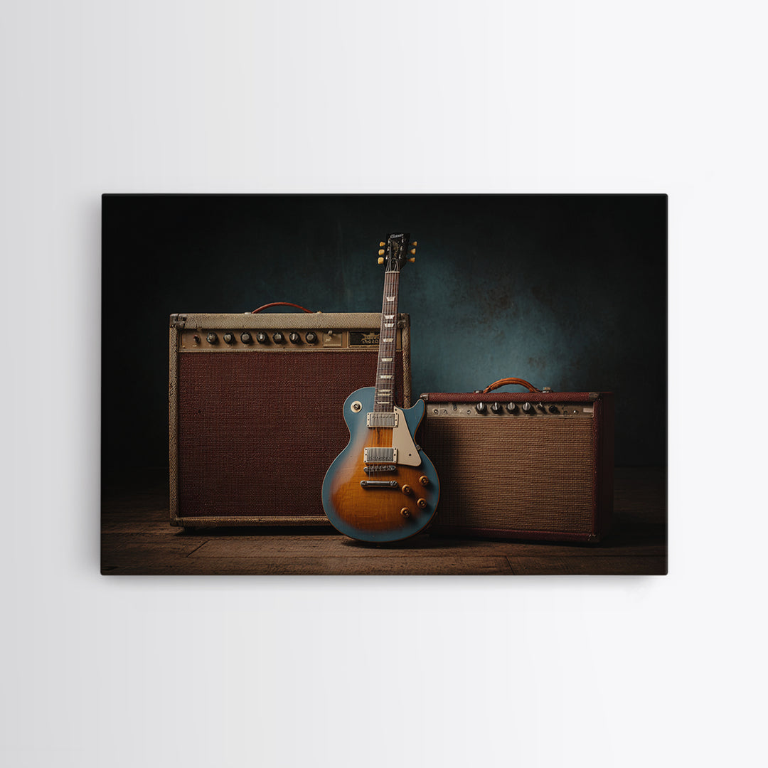 Electric Guitar Beside a Studio Amp Canvas Print, Recording Studio Art, Dtf Print, Studio Decor, Analog, Gallery Decor, RSA-3x2-56