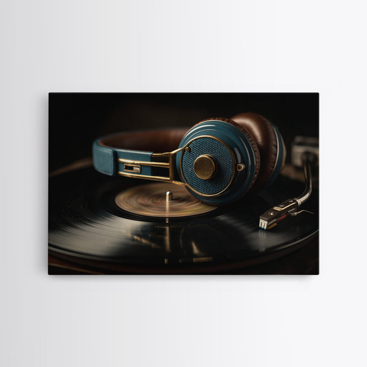 Headphones Resting on a Vinyl Record Canvas Print, Recording Studio Art, Music Posters, Studio Decor, Fine Art, Analog, RSA-3x2-57