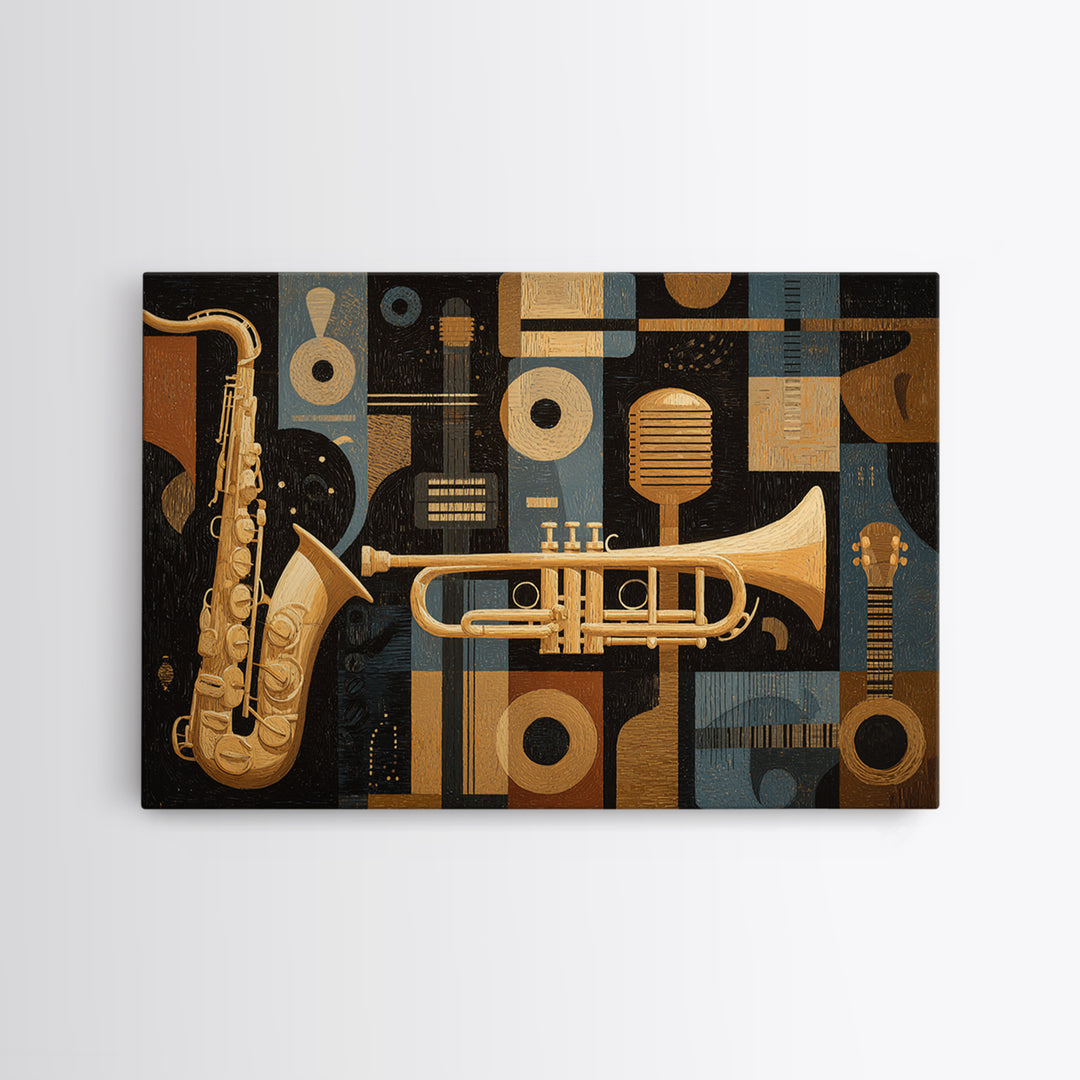 Jazz Trumpet and Microphone Still Life Framed Canvas Print, Recording Studio Art, Rock Music Art, Studio Decor, Oil Painting, RSA-3x2-59