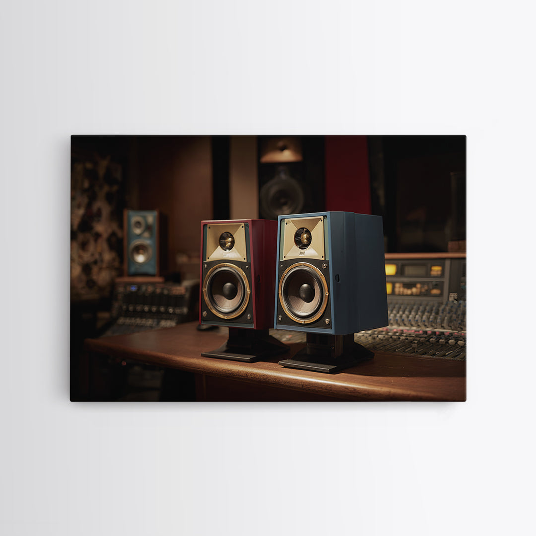Studio Monitor Speakers as Bold Geometric Forms Framed Canvas Print, Recording Studio Art, Music Studio, Studio Decor, Analog, RSA-3x2-64