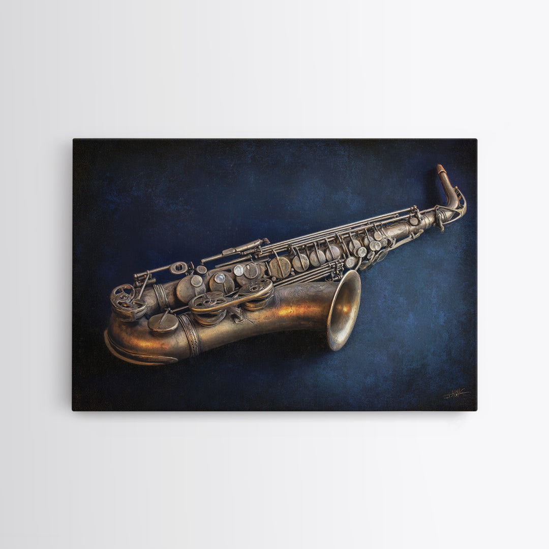 Brass Saxophone on Dark Velvet Canvas Print, Recording Studio Art, Headphones Poster, Studio Decor, Fine Art, Analog, RSA-3x2-68