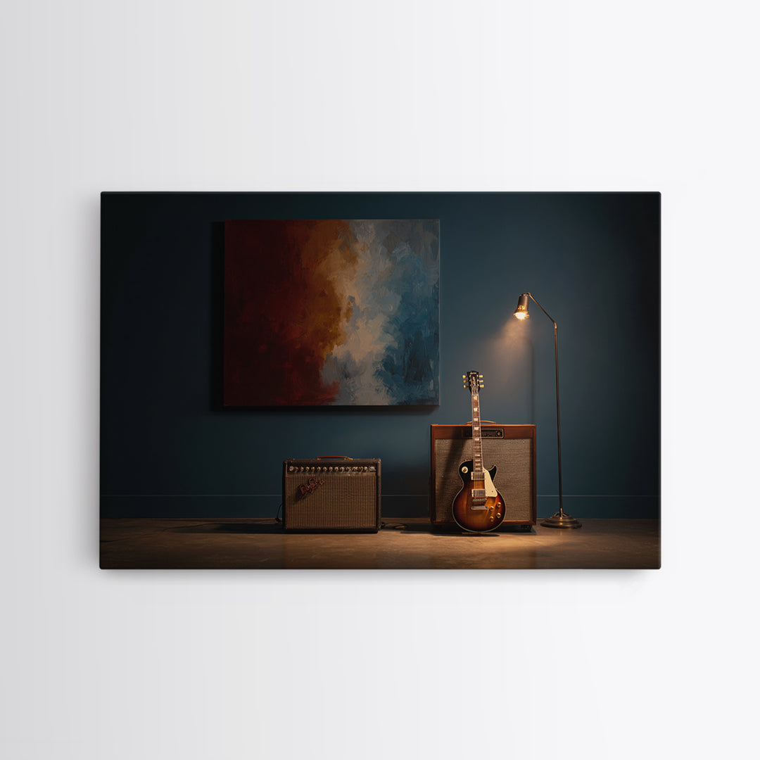 Electric Guitar Beside a Studio Amp Framed Canvas Print, Recording Studio Art, Studio Decor, Oil Painting, Analog, RSA-3x2-8
