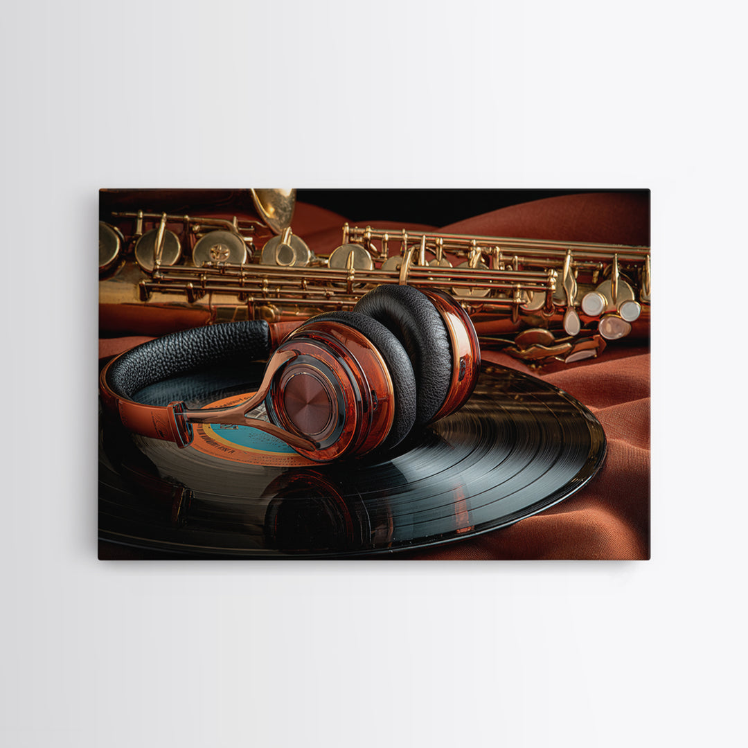 Headphones Resting on a Vinyl Record Framed Canvas Print, Recording Studio Art, Music Decor, Studio Decor, Fine Art, Analog, RSA-3x2-81