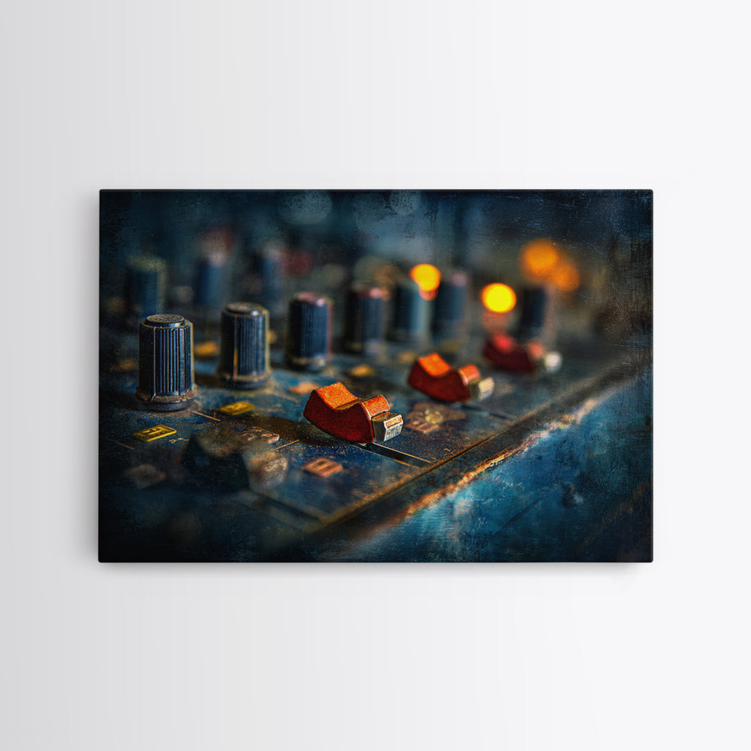 Mixing Console Faders Framed Canvas Print, Recording Studio Art, Black and White Art, Studio Decor, Oil Painting, Analog, RSA-3x2-82