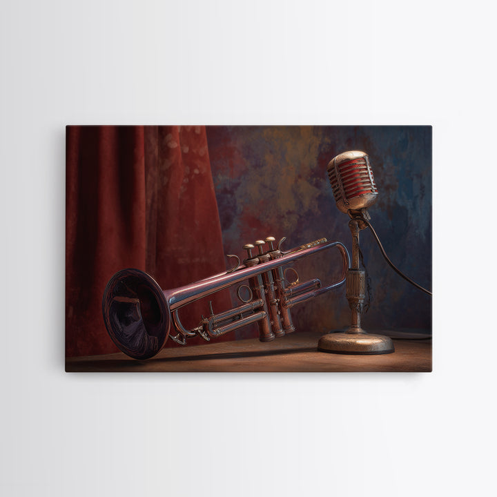 Jazz Trumpet and Microphone Still Life Canvas Print, Recording Studio Art, Neutral Decor, Studio Decor, Fine Art, Analog, RSA-3x2-83