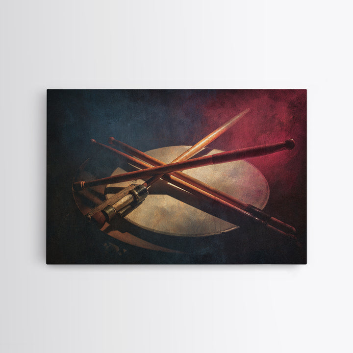 Drumsticks Crossed over Snare Drum Framed Canvas Print, Recording Studio Art, Music Posters, Studio Decor, Fine Art, Analog, RSA-3x2-86