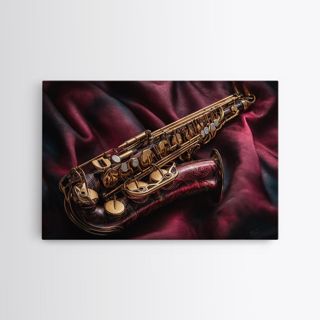 Brass Saxophone on Dark Velvet Framed Canvas Print, Recording Studio Art, Music Room Decor, Studio Decor, Fine Art, Analog, RSA-3x2-92