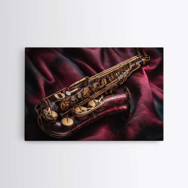 Brass Saxophone on Dark Velvet Framed Canvas Print, Recording Studio Art, Music Room Decor, Studio Decor, Fine Art, Analog, RSA-3x2-92