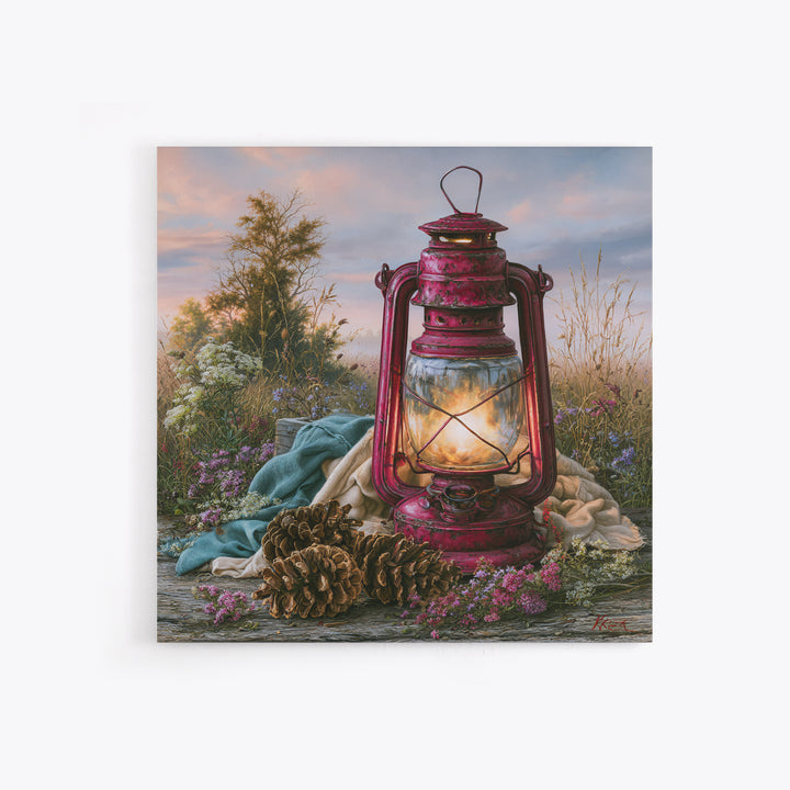 Rustic Lantern Glowing Beside Pinecones Framed Canvas Print, Rustic Art, Gallery Wall Set, Farmhouse Decor, Watercolor Art, RUS-1x1-100