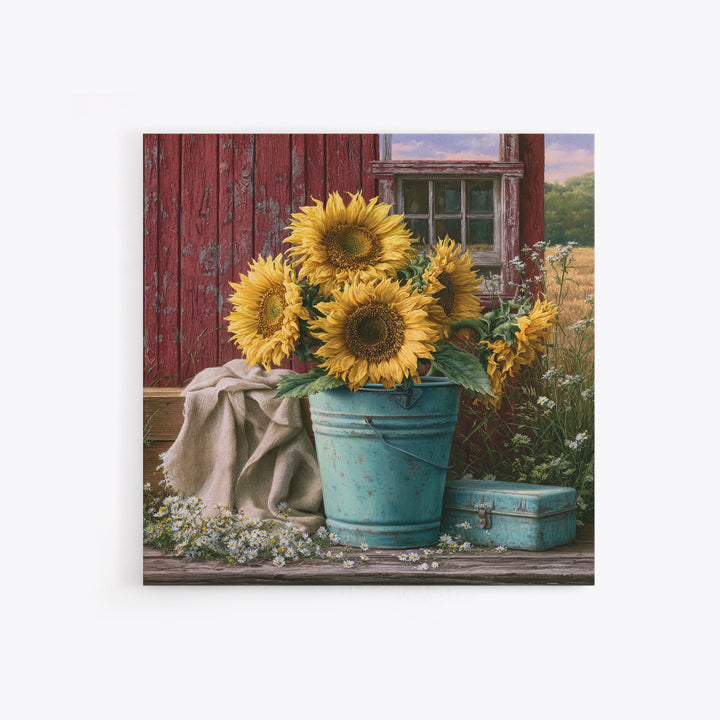 Sunflowers in a Metal Bucket Framed Canvas Print, Rustic Art, Painting, Farmhouse Decor, Oil Painting, Rustic, Boho Wall Art, RUS-1x1-12