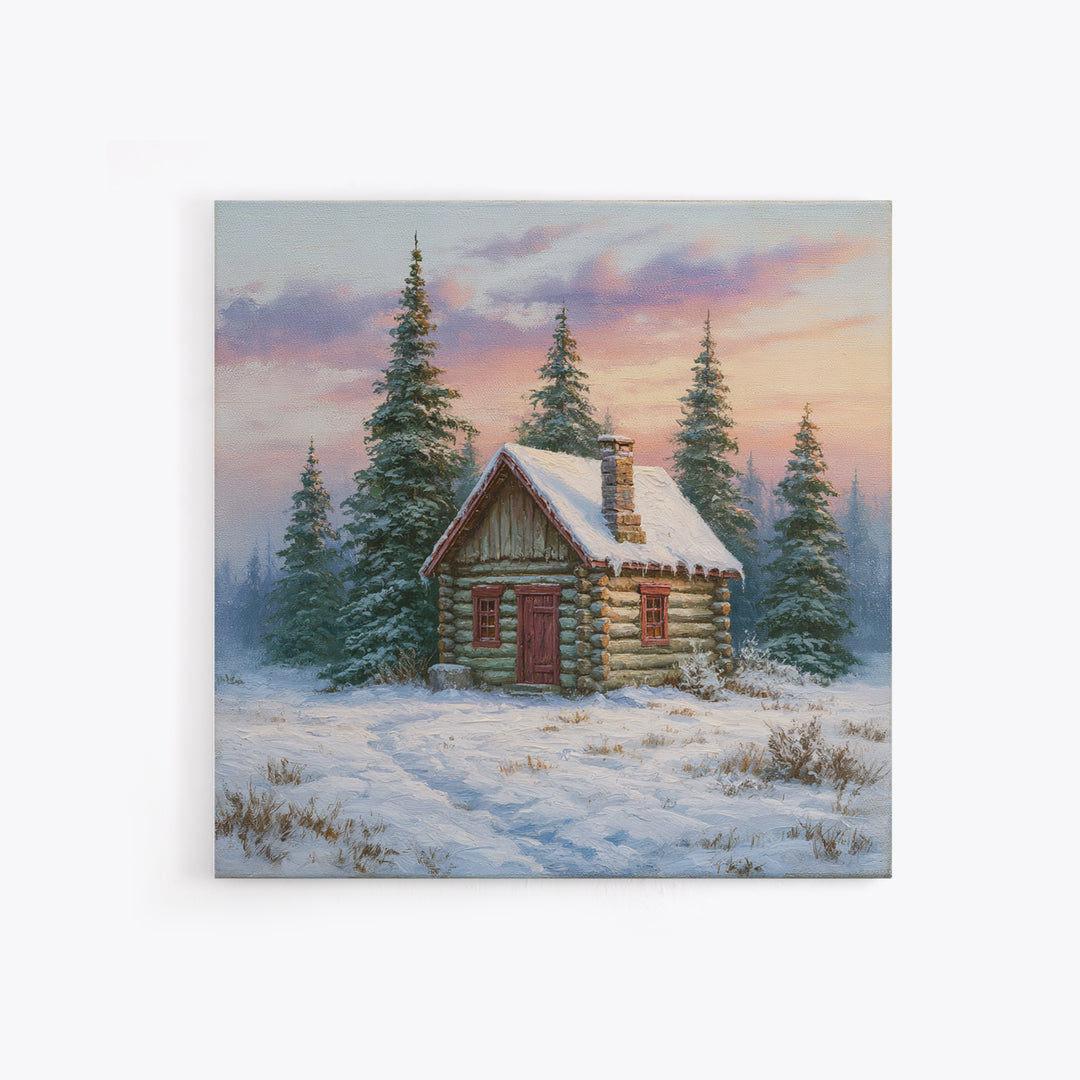 Log Cabin with Snowy Pines Canvas Print, Rustic Art, Farmhouse Decor, Oil Painting, Rustic, Gallery Wall Art, RUS-1x1-15