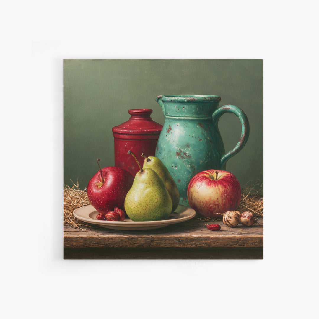Rustic Pear and Apple Still Life Framed Canvas Print, Rustic Art, Landscape Wall Art, Farmhouse Decor, Fine Art, Rustic, RUS-1x1-21