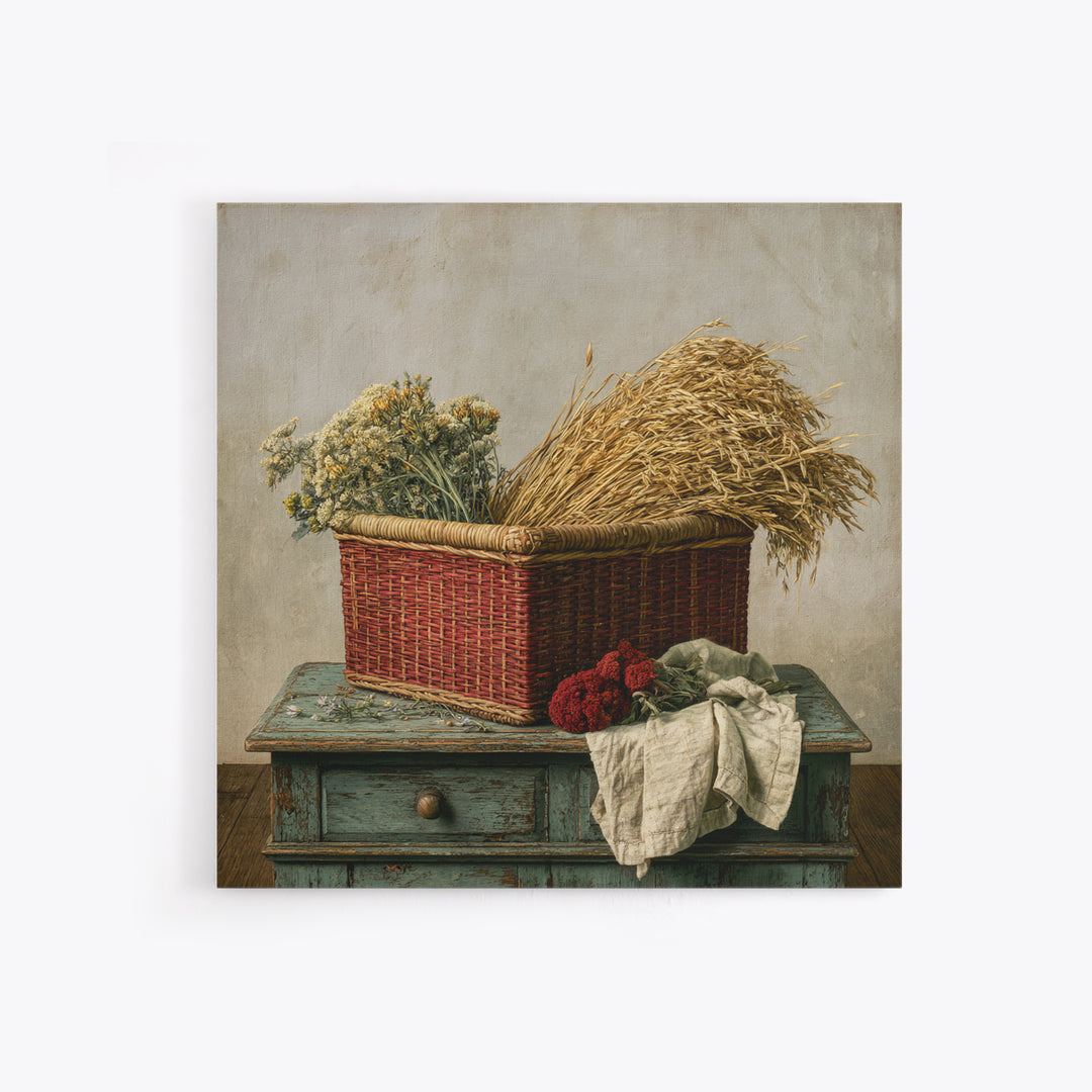 Handwoven Basket with Dried Grasses Framed Canvas Print, Rustic Art, Farmhouse Wall Art, Farmhouse Decor, Watercolor Art, RUS-1x1-24