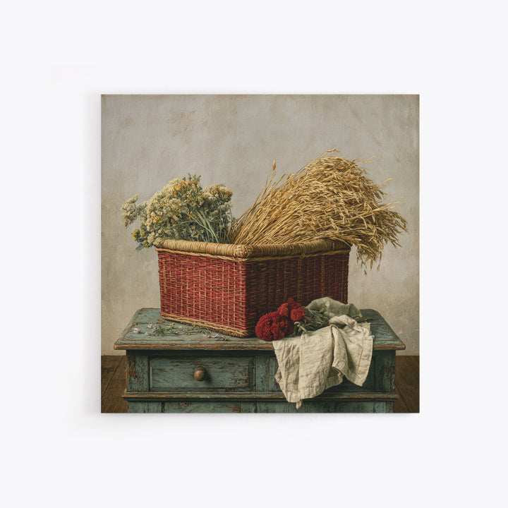 Handwoven Basket with Dried Grasses Framed Canvas Print, Rustic Art, Farmhouse Wall Art, Farmhouse Decor, Watercolor Art, RUS-1x1-24