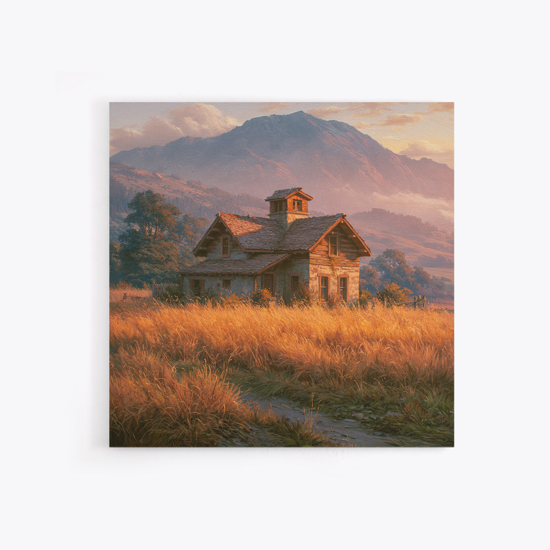 Mountain Cabin Landscape Framed Canvas Print, Rustic Art, Boho Wall Art, Farmhouse Decor, Oil Painting, Rustic, RUS-1x1-27