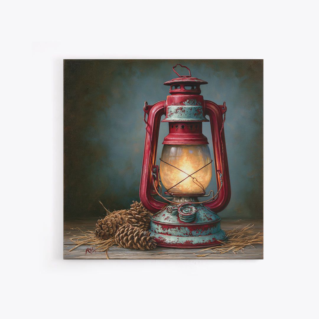 Rustic Lantern Glowing Beside Pinecones Framed Canvas Print, Rustic Art, Farmhouse Decor, Oil Painting, Rustic, RUS-1x1-28