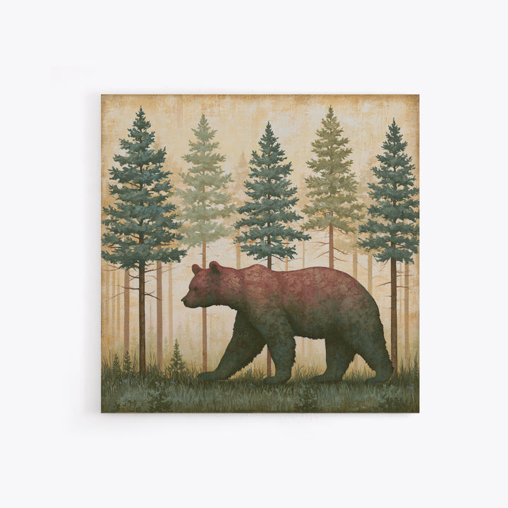Bear Silhouette Among Pine Trees Canvas Print, Rustic Art, 3d Wall Art, Farmhouse Decor, Fine Art, Rustic, Living Room Art, RUS-1x1-31