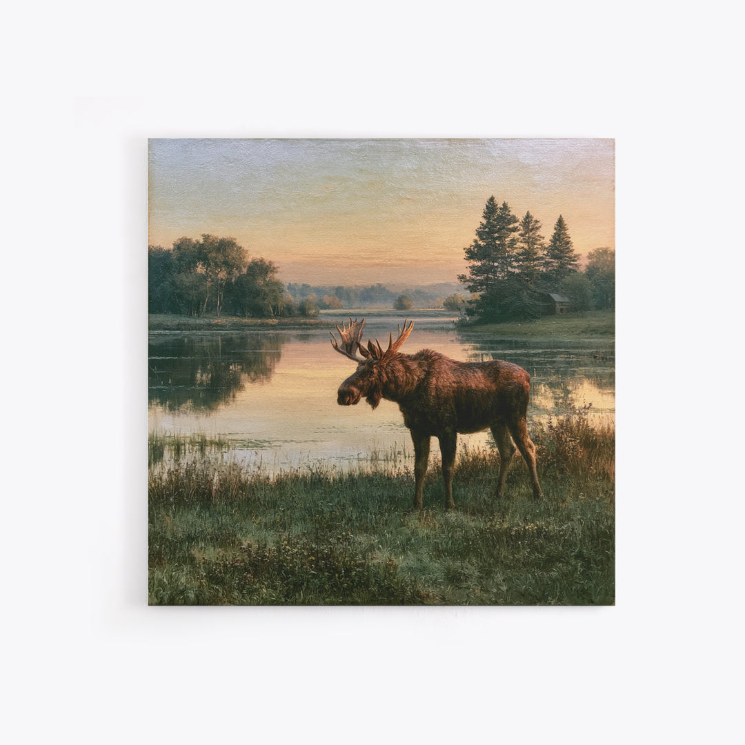 Moose Standing by a Quiet Lake Framed Canvas Print, Rustic Art, Fine Art Print, Farmhouse Decor, Fine Art, Rustic, Painting, RUS-1x1-33