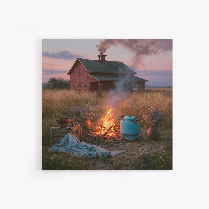 Campfire under a Starry Sky Framed Canvas Print, Rustic Art, Landscape Wall Art, Farmhouse Decor, Watercolor Art, Rustic, RUS-1x1-34