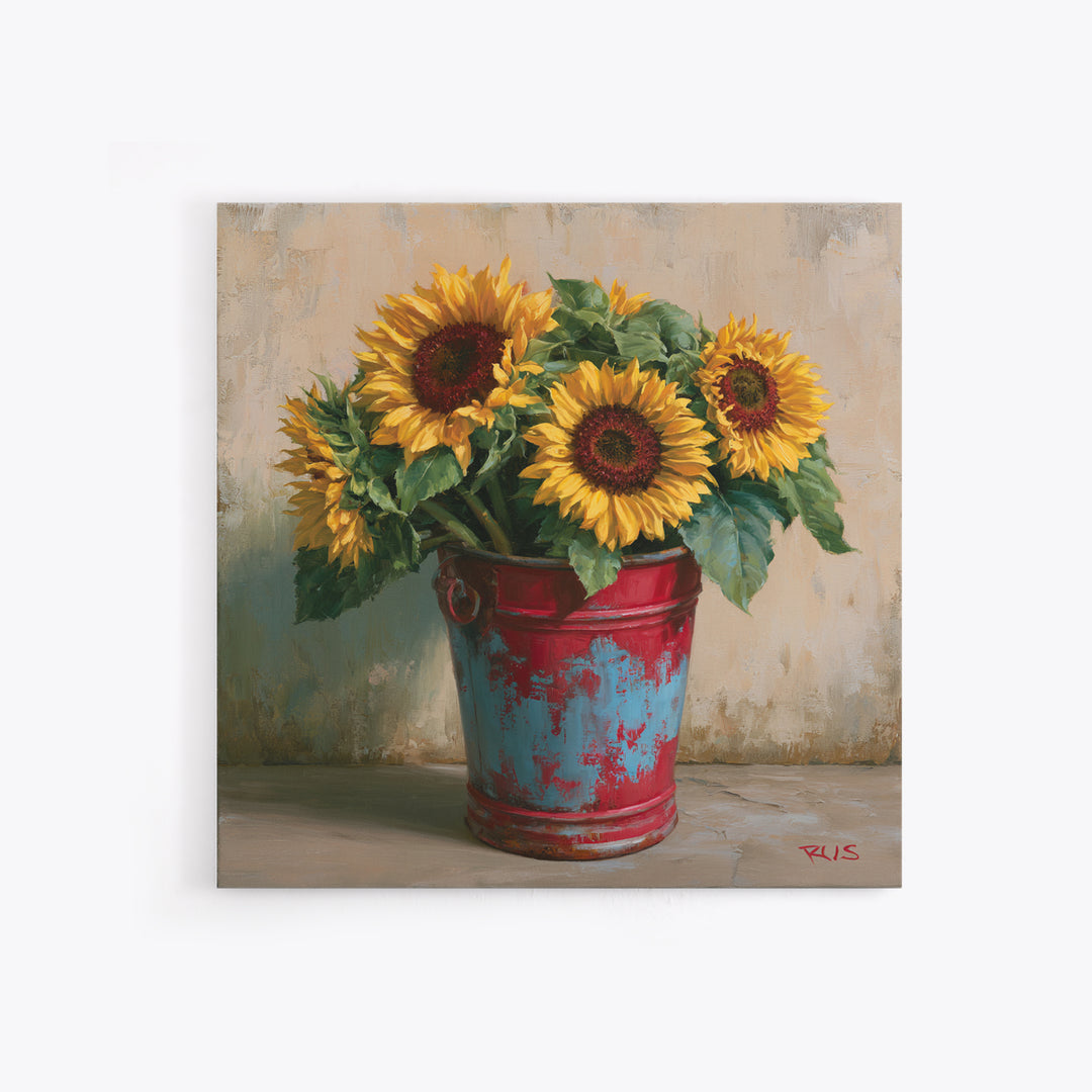 Sunflowers in a Metal Bucket Canvas Print, Rustic Art, Farmhouse Decor, Watercolor Art, Rustic, Landscape Painting, RUS-1x1-36