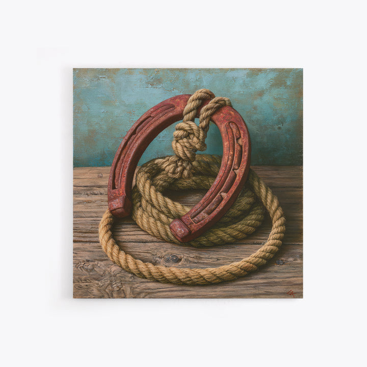 Rusty Horseshoe and Rope Composition Framed Canvas Print, Rustic Art, Gallery Wall Set, Farmhouse Decor, Oil Painting, Rustic, RUS-1x1-37