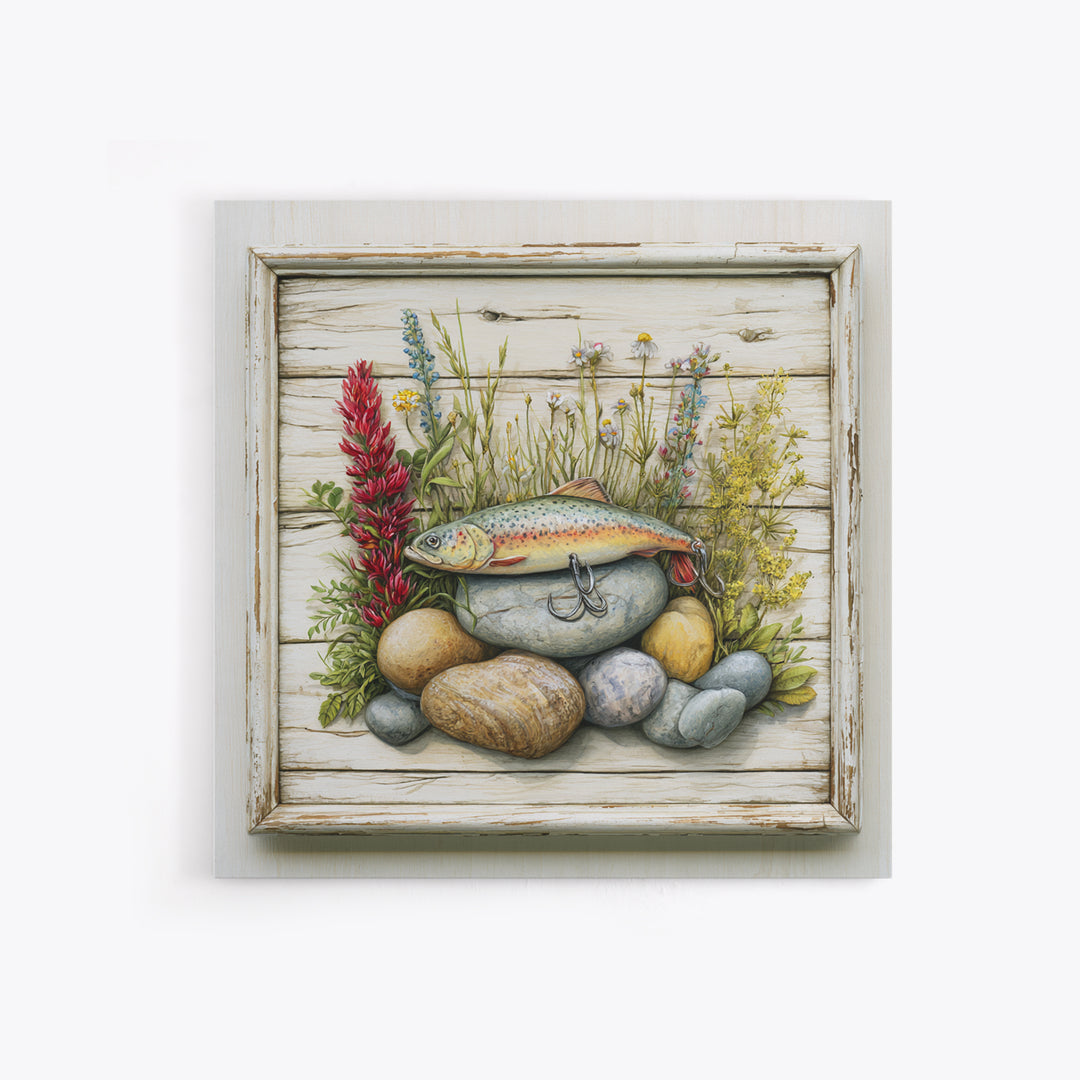 Trout Fishing Lure and River Stones Framed Canvas Print, Rustic Art, Landscape Art, Farmhouse Decor, Fine Art, Rustic, RUS-1x1-38