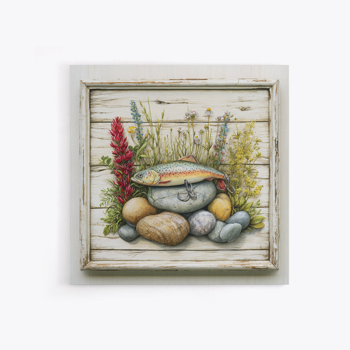 Trout Fishing Lure and River Stones Framed Canvas Print, Rustic Art, Landscape Art, Farmhouse Decor, Fine Art, Rustic, RUS-1x1-38