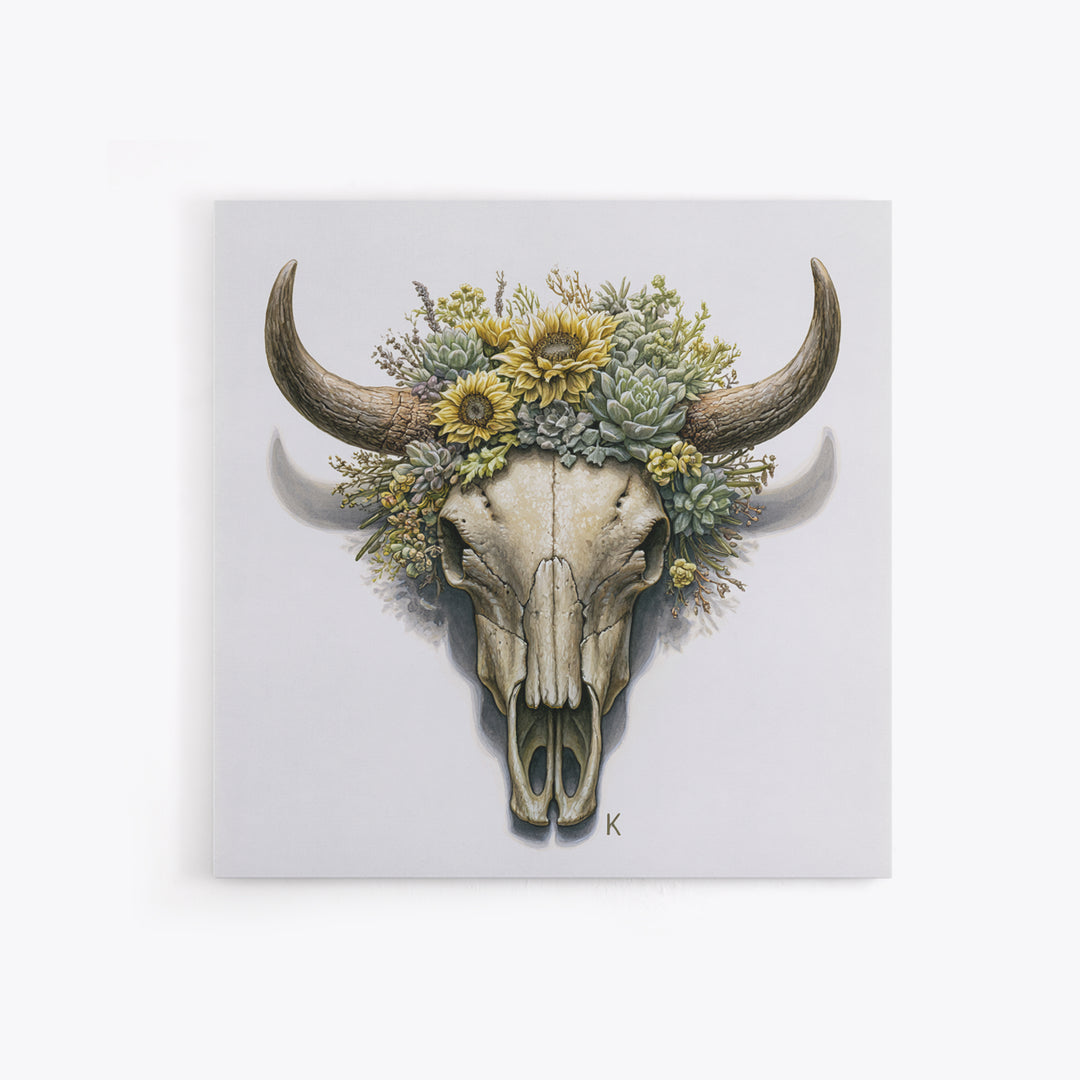 Cow Skull with Desert Flowers Framed Canvas Print, Rustic Art, Gallery Decor, Farmhouse Decor, Oil Painting, Rustic, RUS-1x1-41