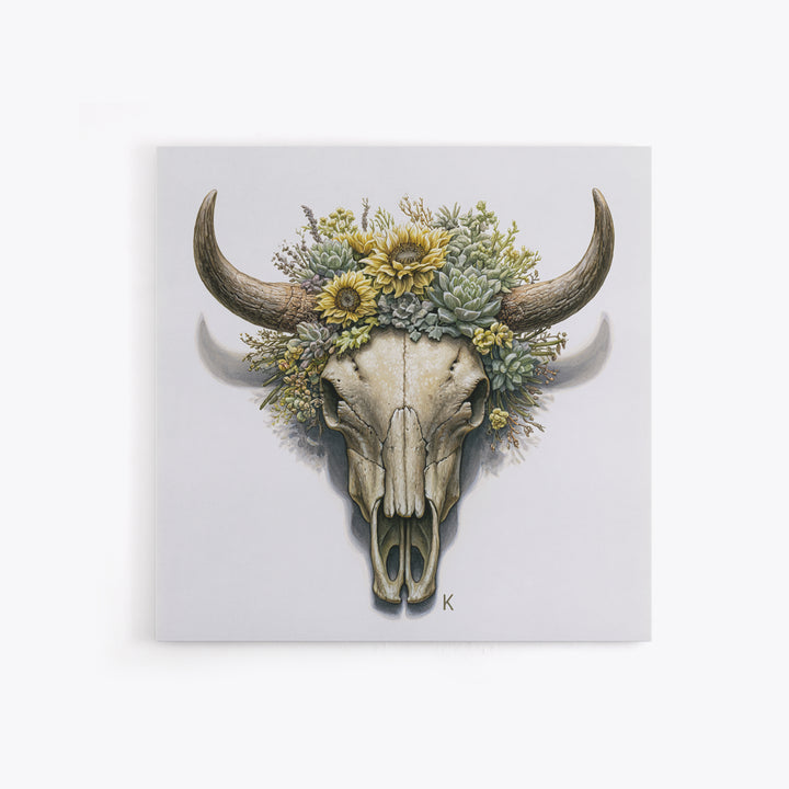 Cow Skull with Desert Flowers Framed Canvas Print, Rustic Art, Gallery Decor, Farmhouse Decor, Oil Painting, Rustic, RUS-1x1-41