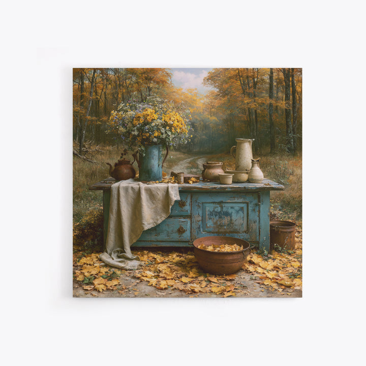 Forest Path with Golden Autumn Leaves Framed Canvas Print, Rustic Art, Eclectic Wall Art, Farmhouse Decor, Fine Art, Rustic, RUS-1x1-42