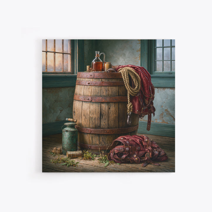 Whiskey Barrel and Leather Still Life Framed Canvas Print, Rustic Art, Wood Art, Farmhouse Decor, Oil Painting, Rustic, RUS-1x1-43