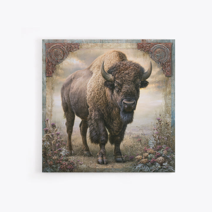 Buffalo Portrait with Western Texture Framed Canvas Print, Rustic Art, Farmhouse Wall Art, Farmhouse Decor, Fine Art, Rustic, RUS-1x1-46
