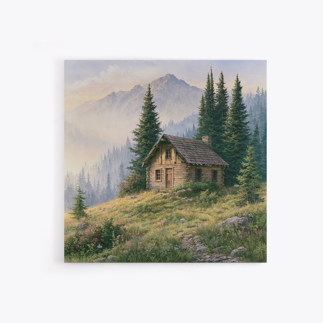 Mountain Cabin Landscape Framed Canvas Print, Rustic Art, Landscape Art, Farmhouse Decor, Fine Art, Rustic, Room Decor, RUS-1x1-51