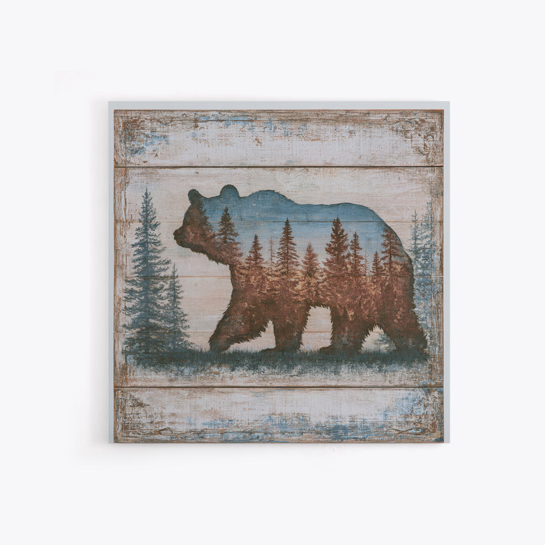 Bear Silhouette Among Pine Trees Canvas Print, Rustic Art, Downloadable Art, Farmhouse Decor, Watercolor Art, Rustic, RUS-1x1-55