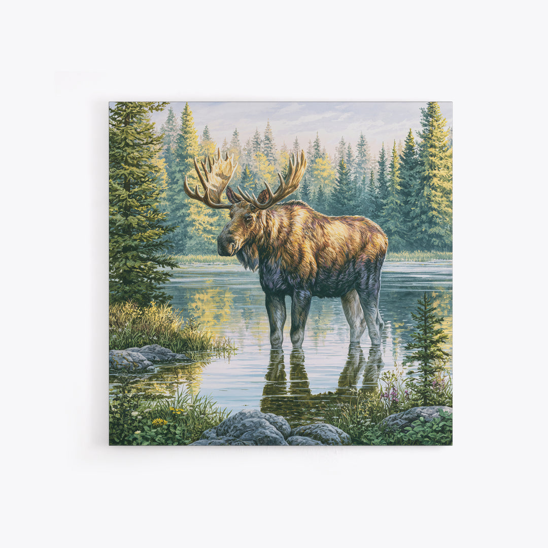 Moose Standing by a Quiet Lake Framed Canvas Print, Rustic Art, Fine Art Print, Farmhouse Decor, Fine Art, Rustic, Painting, RUS-1x1-57