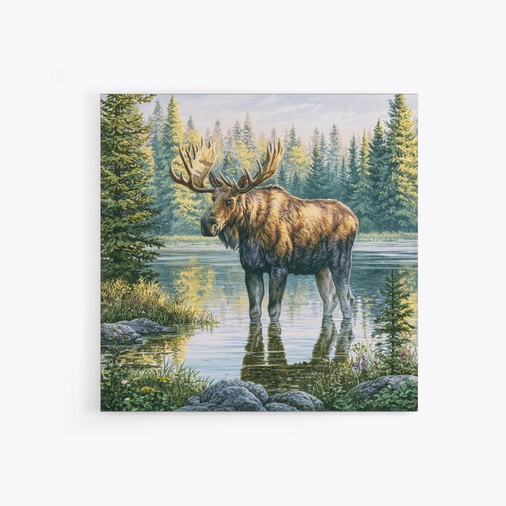 Moose Standing by a Quiet Lake Framed Canvas Print, Rustic Art, Fine Art Print, Farmhouse Decor, Fine Art, Rustic, Painting, RUS-1x1-57