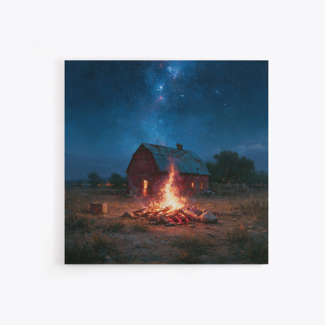 Campfire under a Starry Sky Framed Canvas Print, Rustic Art, Landscape Wall Art, Farmhouse Decor, Watercolor Art, Rustic, RUS-1x1-58