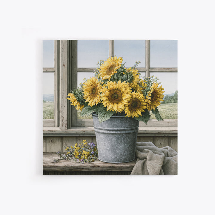 Sunflowers in a Metal Bucket Canvas Print, Rustic Art, Modern Art, Farmhouse Decor, Rustic, Neutral Decor, Modern Decor, RUS-1x1-60