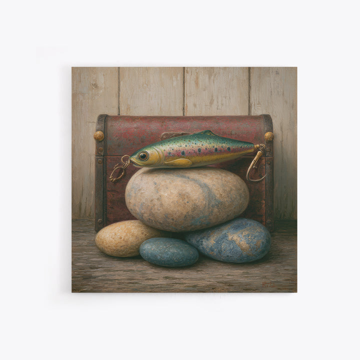 Trout Fishing Lure and River Stones Framed Canvas Print, Rustic Art, Landscape Art, Farmhouse Decor, Fine Art, Rustic, RUS-1x1-62