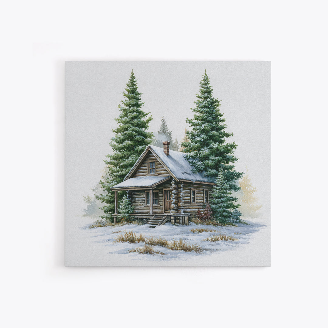 Log Cabin with Snowy Pines Framed Canvas Print, Rustic Art, Gallery Wall Set, Farmhouse Decor, Rustic, Minimalist Decor, RUS-1x1-63