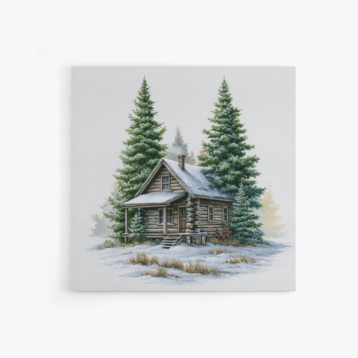 Log Cabin with Snowy Pines Framed Canvas Print, Rustic Art, Gallery Wall Set, Farmhouse Decor, Rustic, Minimalist Decor, RUS-1x1-63