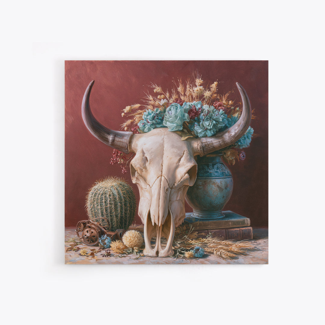 Cow Skull with Desert Flowers Framed Canvas Print, Rustic Art, Gallery Decor, Farmhouse Decor, Oil Painting, Rustic, RUS-1x1-65