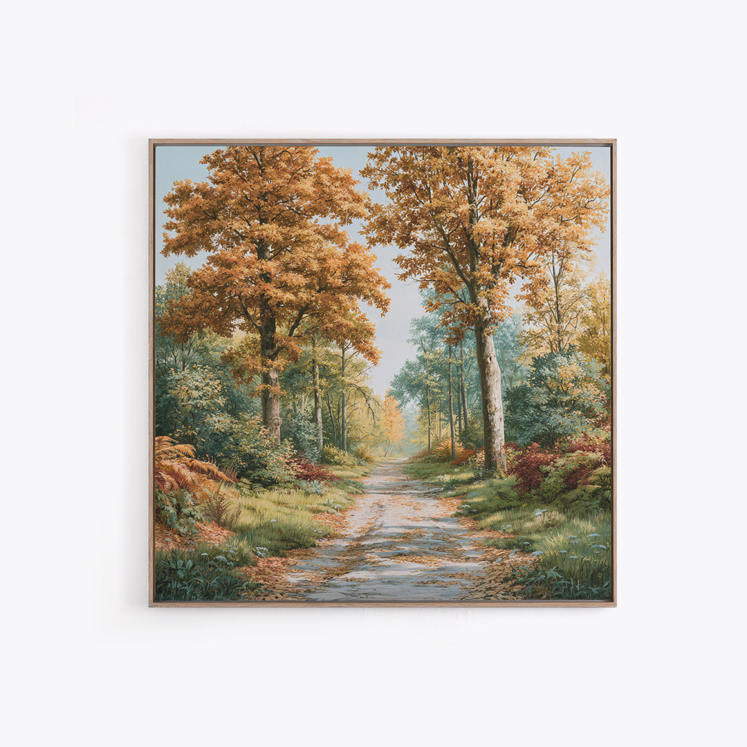 Forest Path with Golden Autumn Leaves Framed Canvas Print, Rustic Art, Eclectic Wall Art, Farmhouse Decor, Fine Art, Rustic, RUS-1x1-66